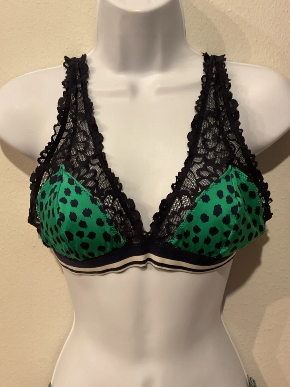 Aerie Green Lace Triangle Bralette | Med Leopard Print Mesh Soft Cup | Swim Top - Picture 2 of 11